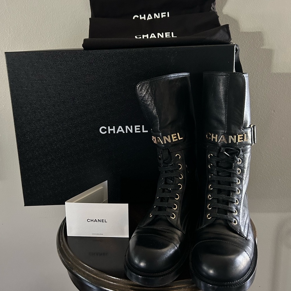 CHANEL Shiny Calfskin Lace Up Combat Boots 38.5 Black